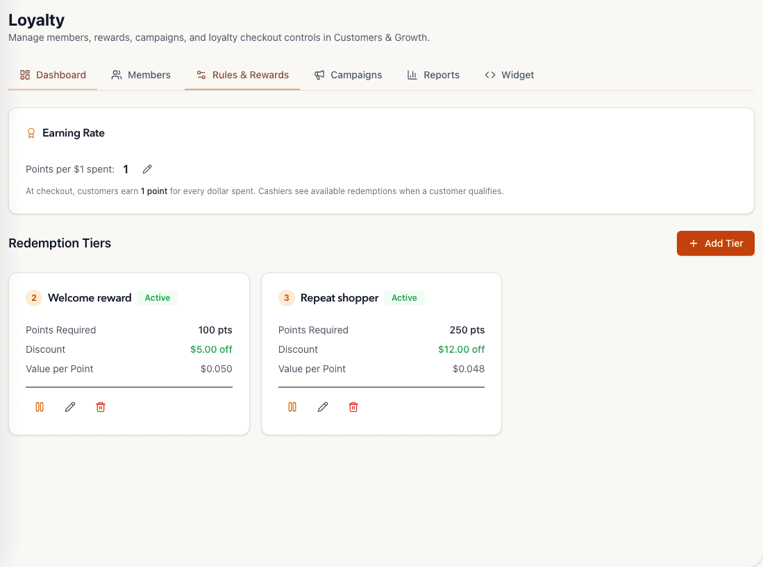 Tillr Rules & Rewards view showing a one-point-per-dollar earning rate and two redemption rules