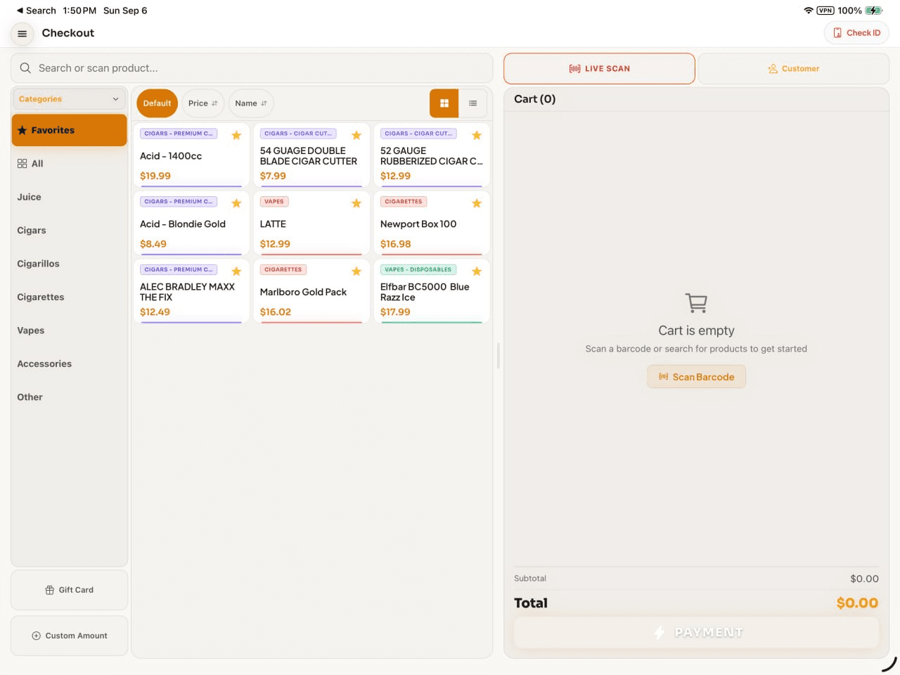 Tillr iPad checkout screen with product search and register sales workspace