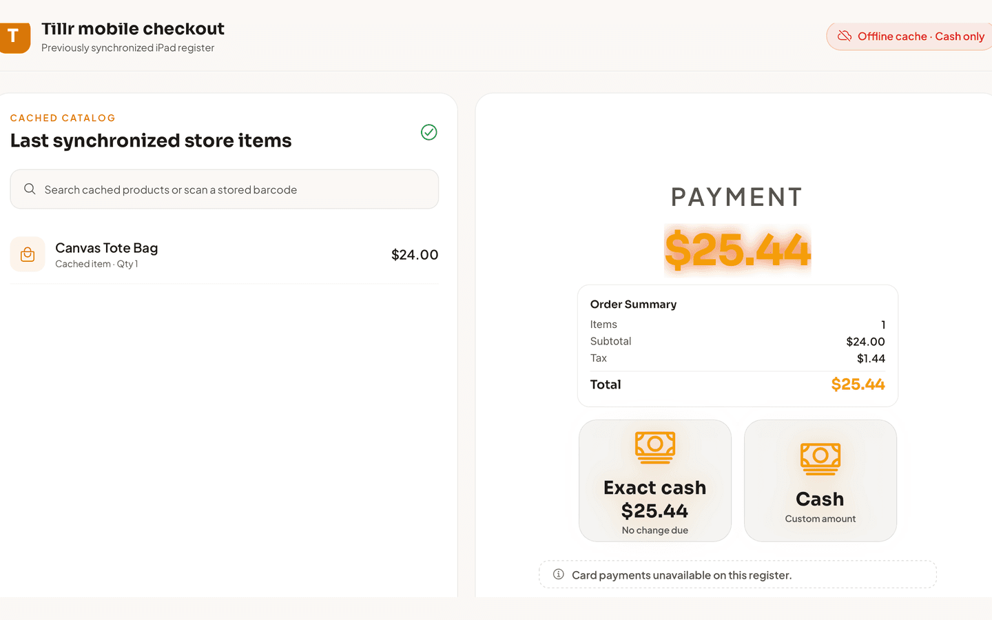 Tillr iPad offline checkout showing the last synchronized catalog, cash-only offline status, and Exact cash and Cash options