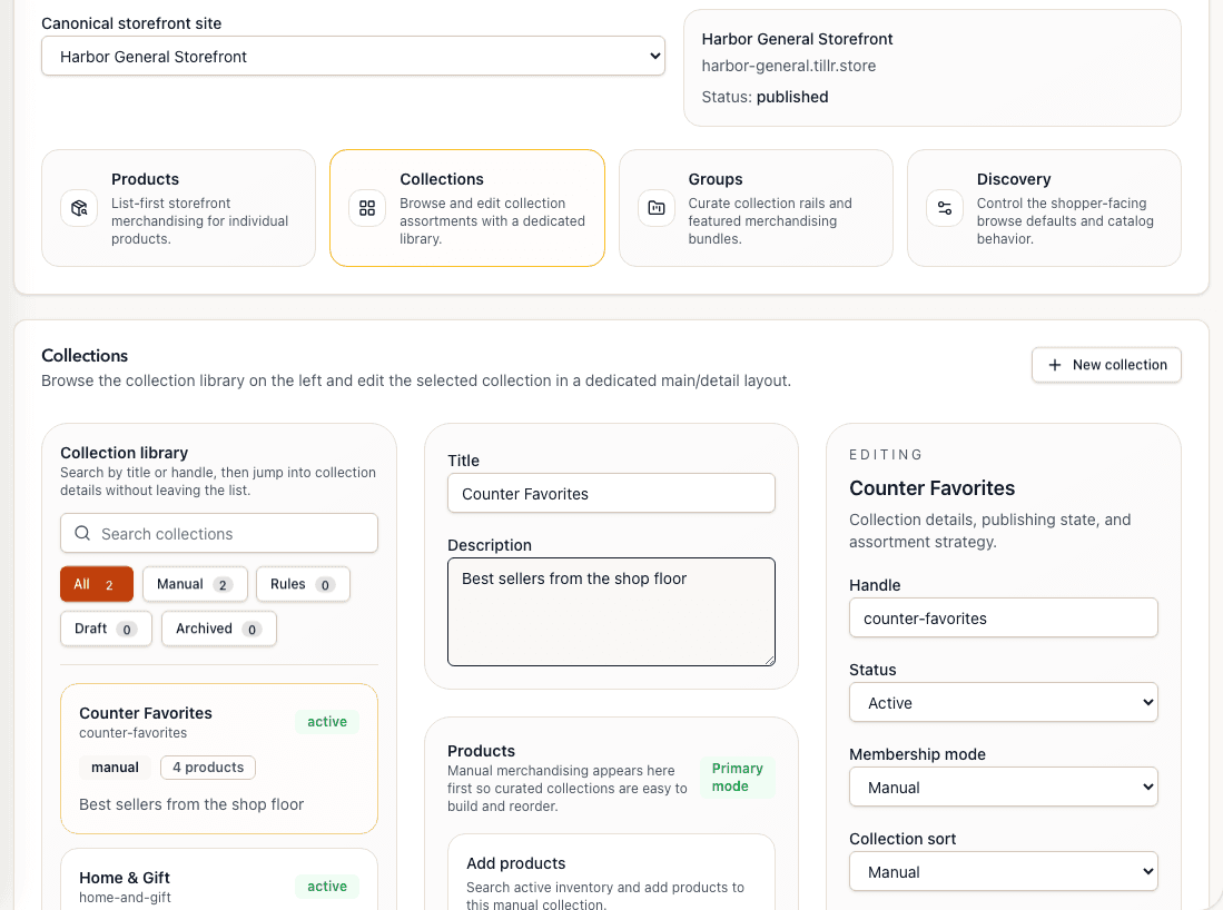 Tillr online store collections workspace with catalog listings