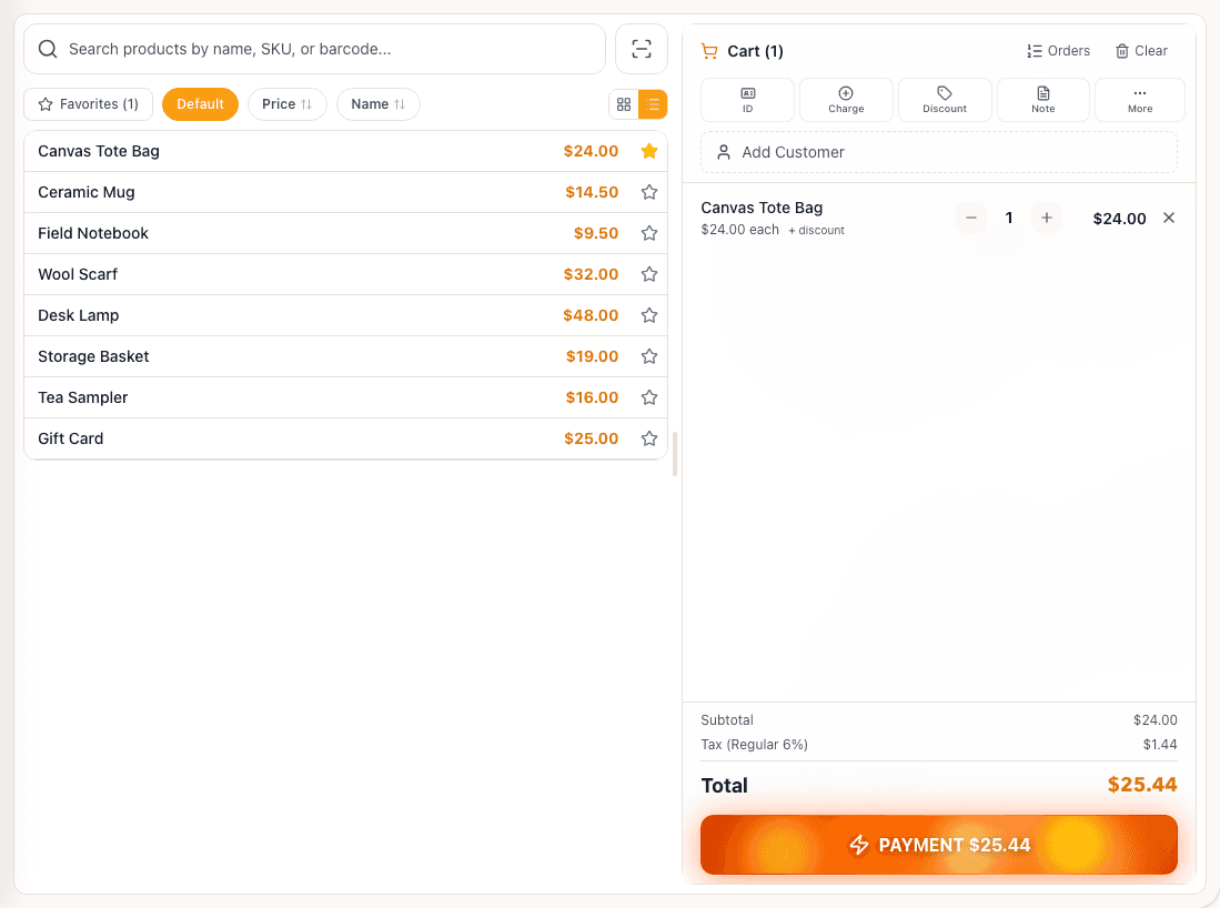 Tillr checkout screen with product list and an active cart