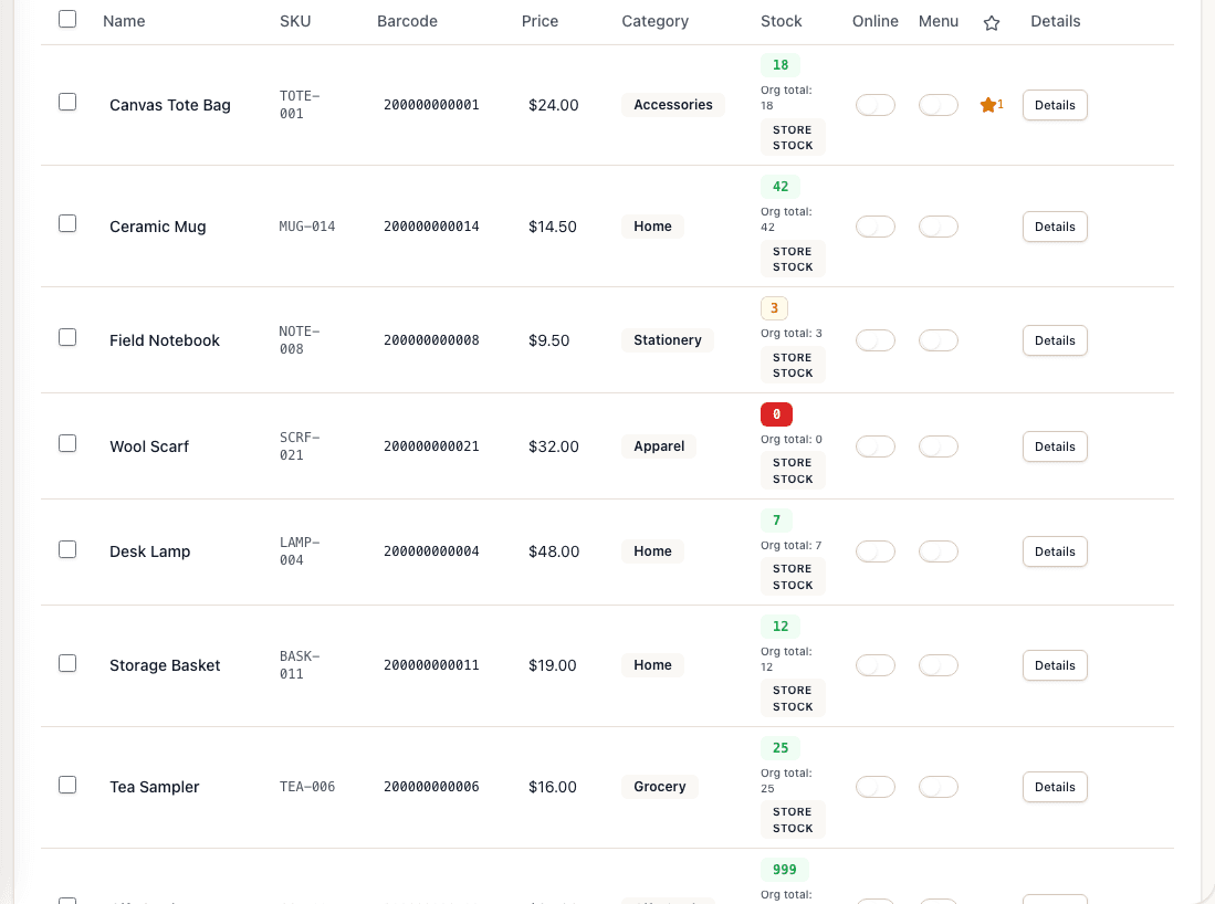 Tillr products list with names, SKUs, stored barcodes, prices, categories, stock counts, and Online and Menu controls