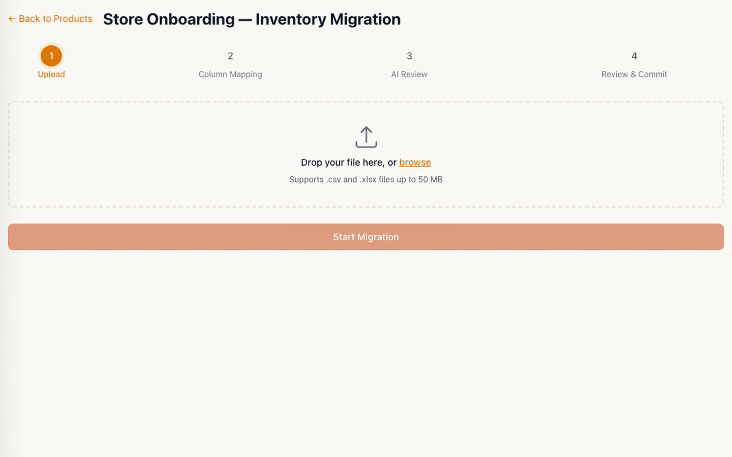 Tillr product migration upload step showing CSV and XLSX support up to 50 MB